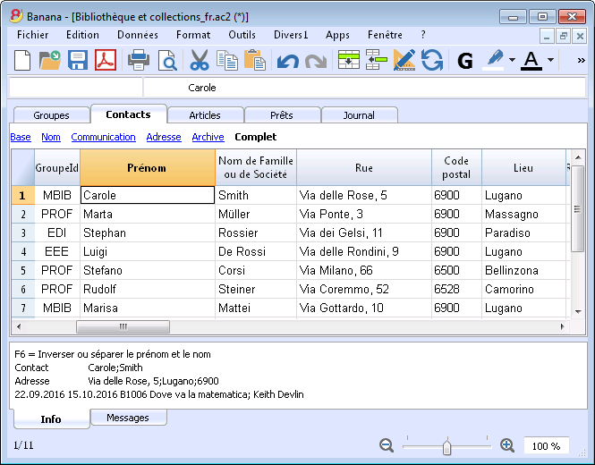 Bibliothèque, collections de livres et gestion des prêts Banana Comptabilité Software