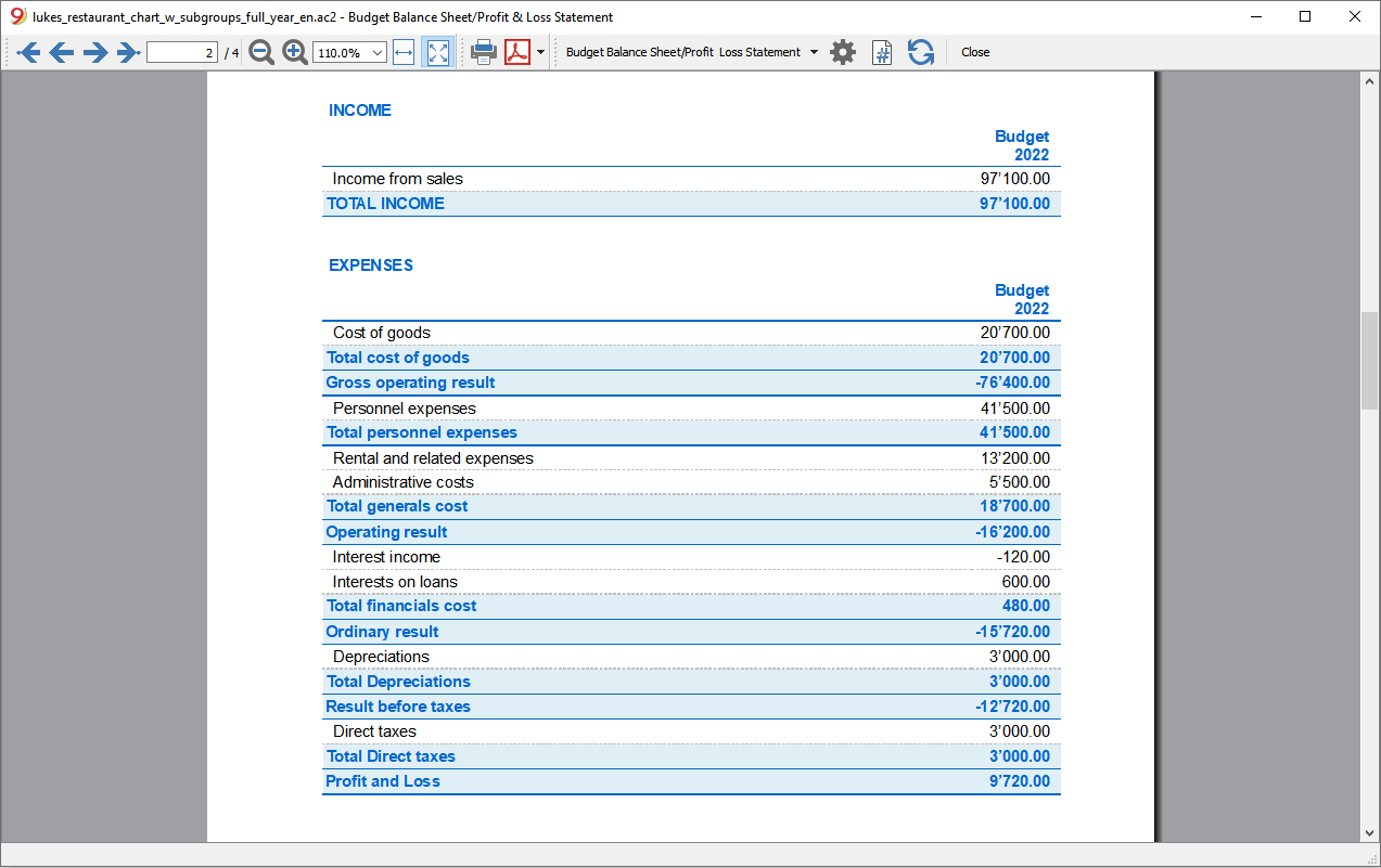 profit loss budget year