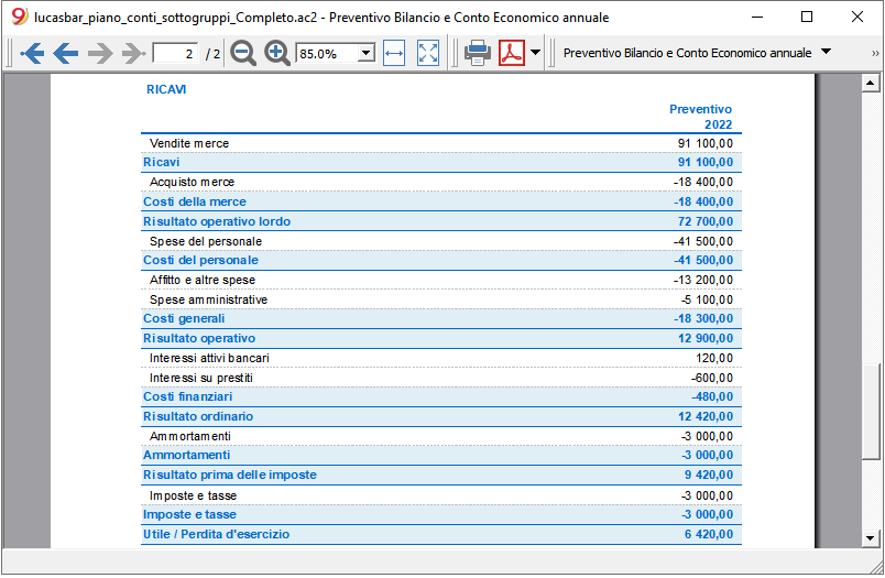 conto economico previsonale anno