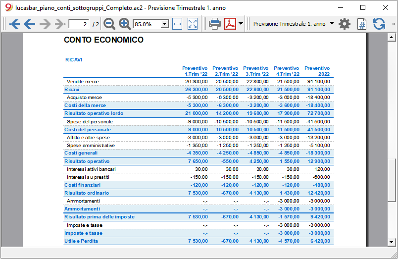 conto economico preventivo trimestrale