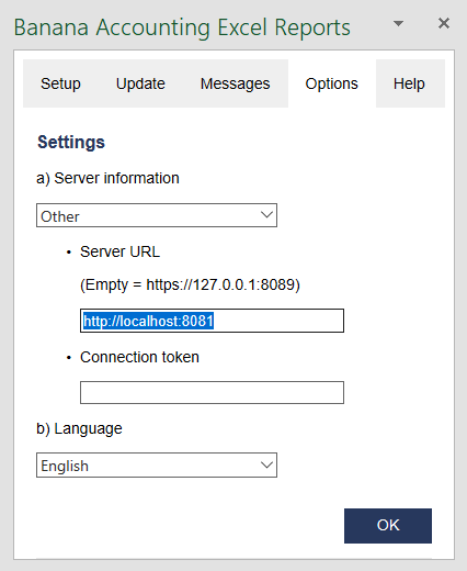 Banana Accounting Excel add-in web server"