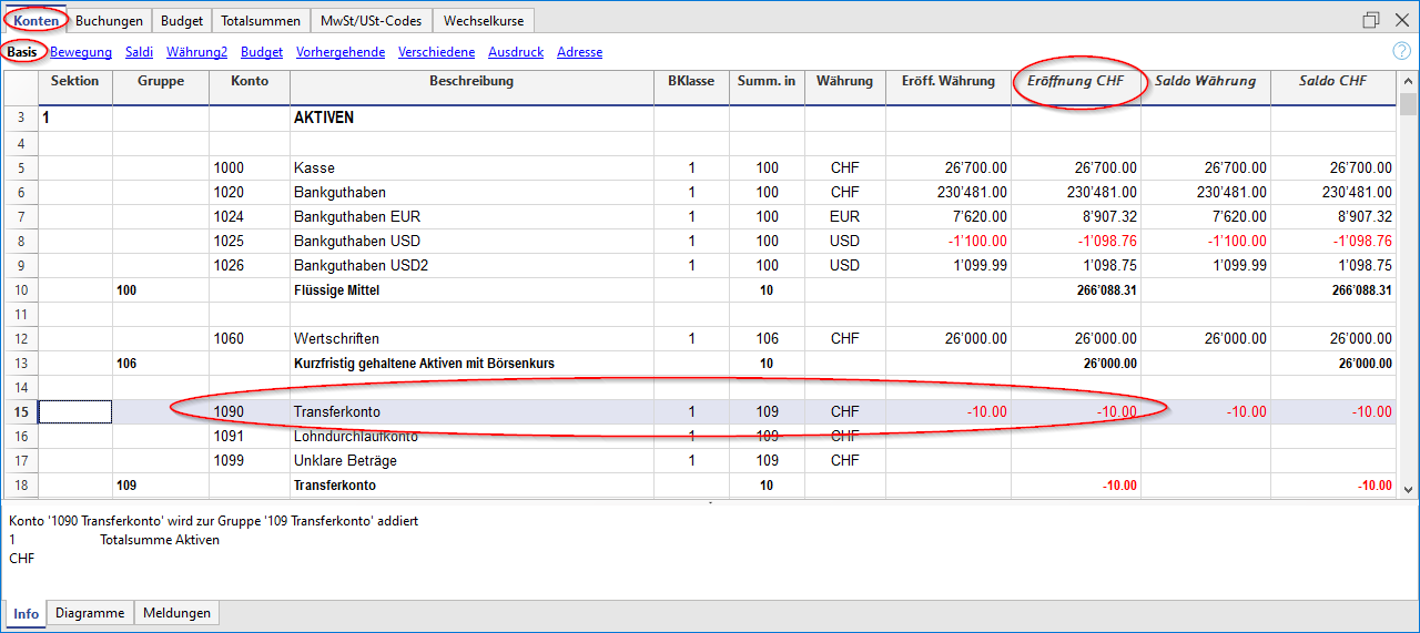 Wechselkursdifferenzen, Spalte Eröffnung - Tabelle Konten        
