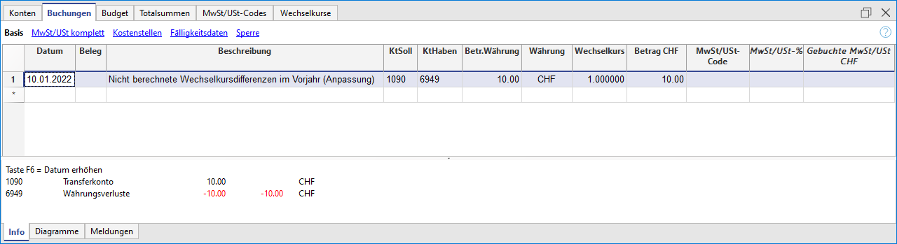 Buchung Wechselkursdifferenzen (Vorjahr)