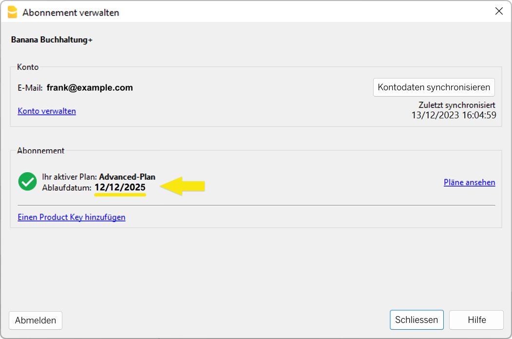 Sie sehen die aktualisierten Informationen für Ihren Abonnementplan und das neue Ablaufdatum.