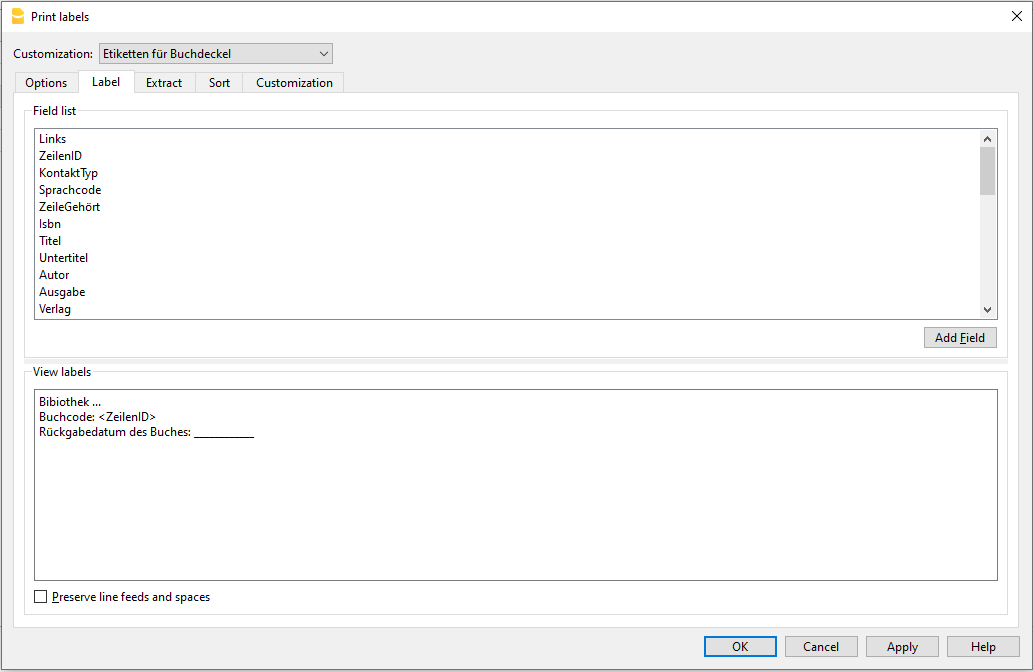 Dialogfenster Etiketten für Buchdeckel ausdrucken