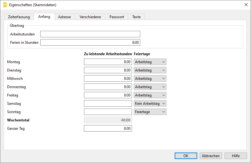 Zeiterfassung beginnen - Anfangswerte