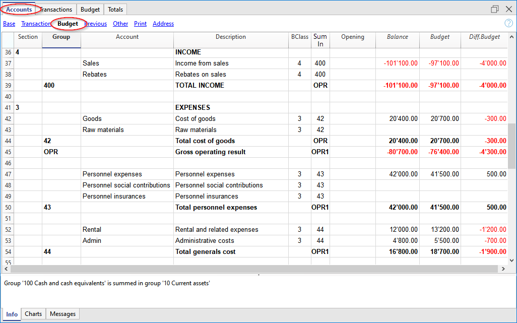 Budget Profit and Loss Statement, Accounts table