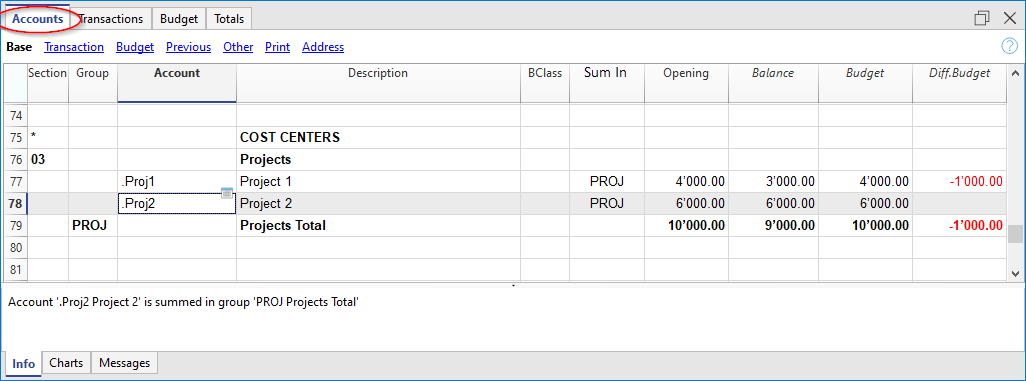 tabella conti, centri di costo 