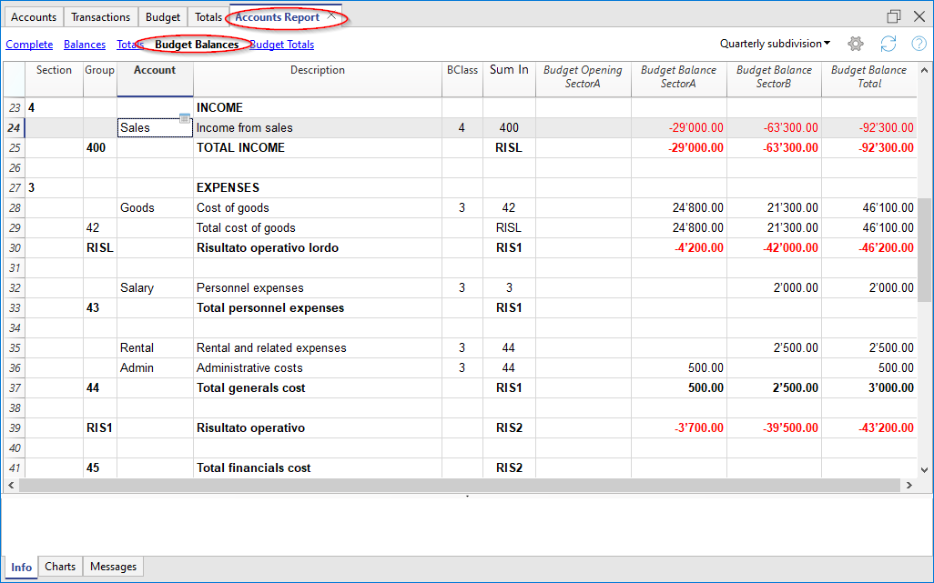 report conti per settori