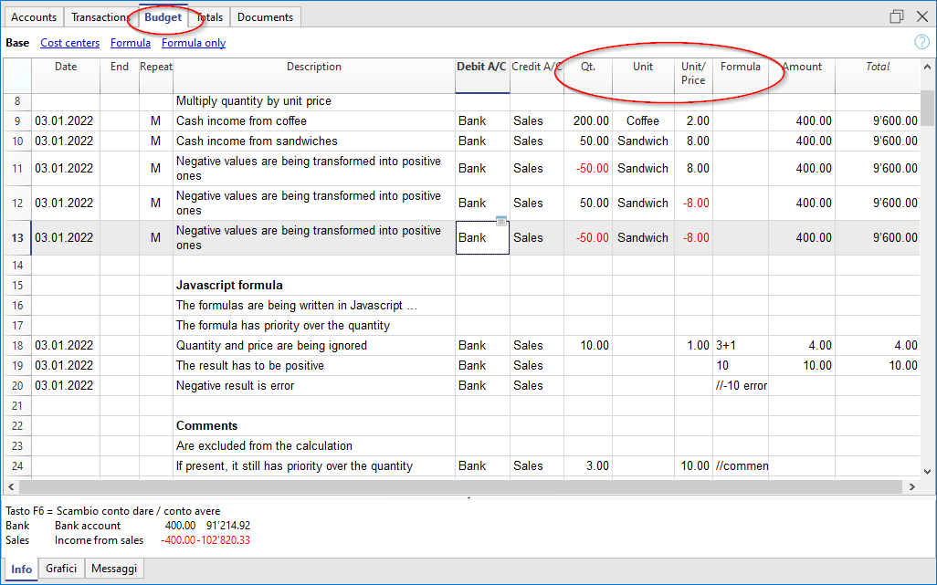 Quantity and formula column in the Budget table