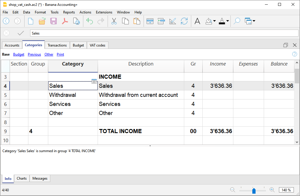 Tableau Catégories du Cash Manager