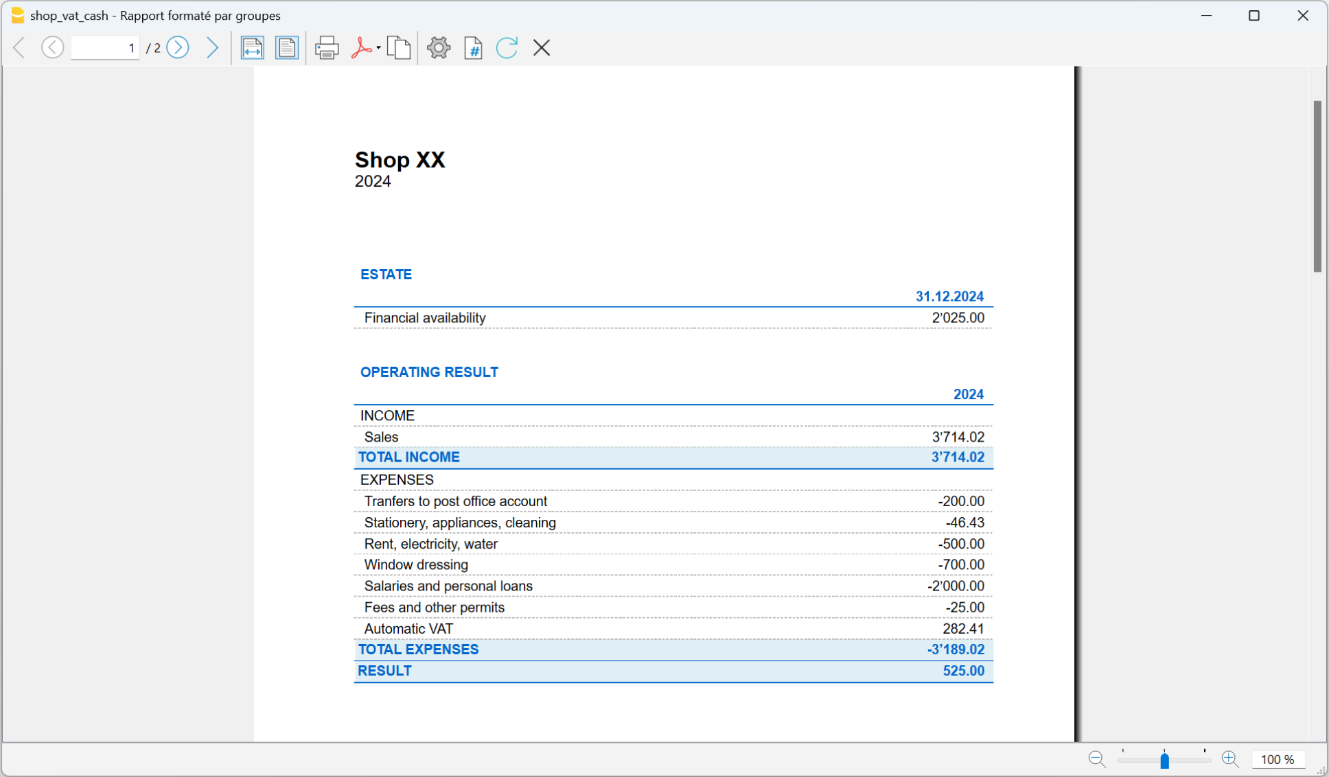 Cash Manager, afdruk Uitgebreide rekening op groepen