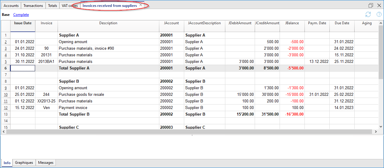 Auszug empfangene Lieferantenrechnungen