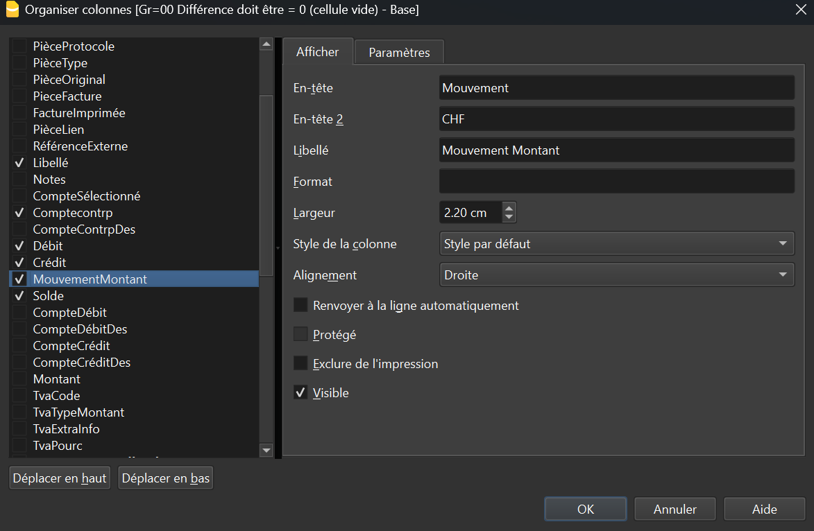 fiche de compte - mouvements effectifs