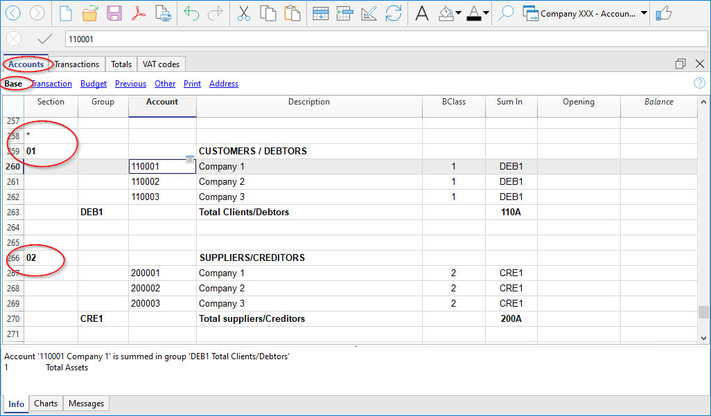 Sektionen im Postenbuch Kunden/Lieferanten