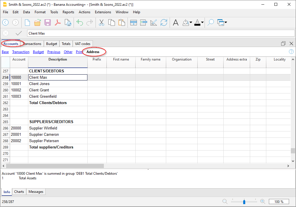 colonnes pour le registre des adresses