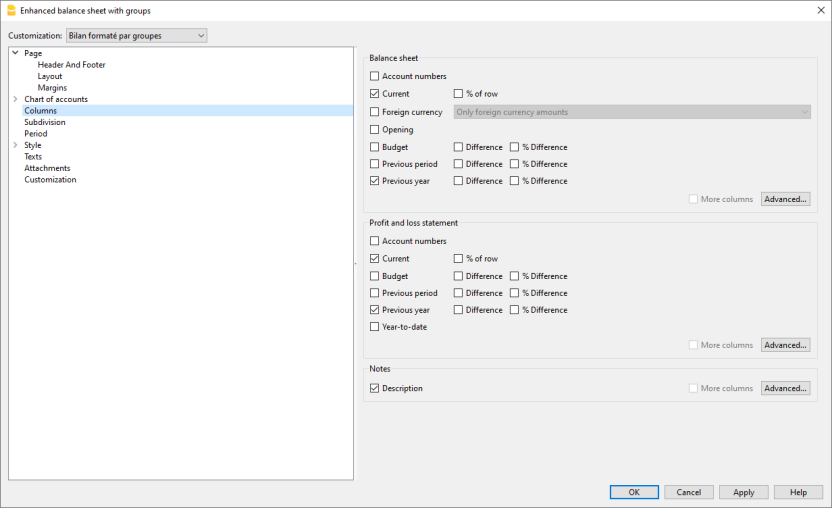 personnalisation des colonnes dans le bilan et le compte de résultat