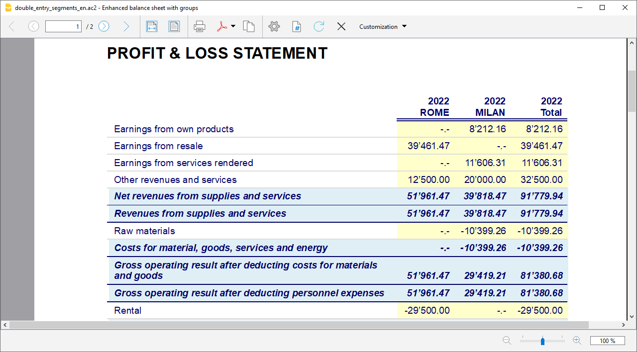 Formatierte Bilanz nach Gruppen mit Segmente