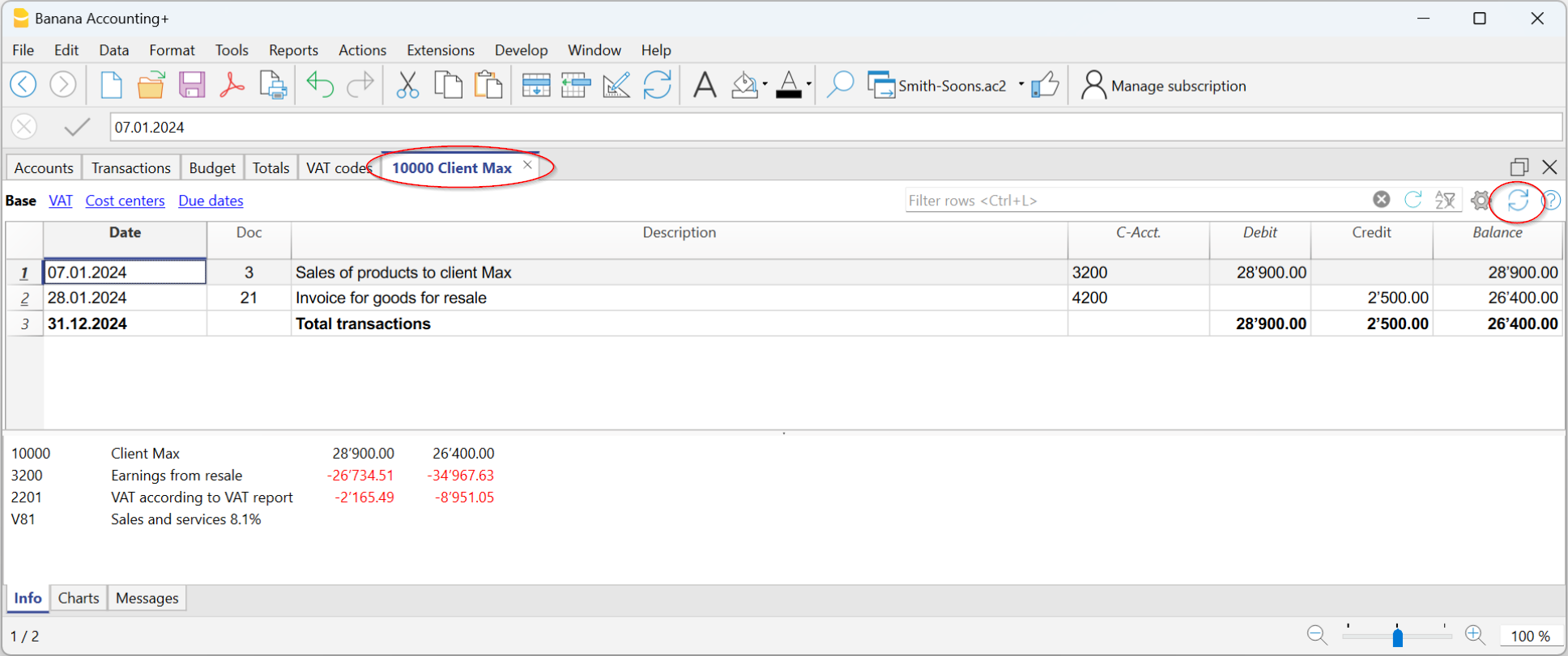 Update account card in double entry accounting