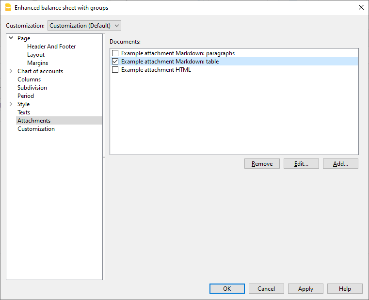 Voorbeeld dialoogvenster Bijlagen van uitgebreide balans op groepen
