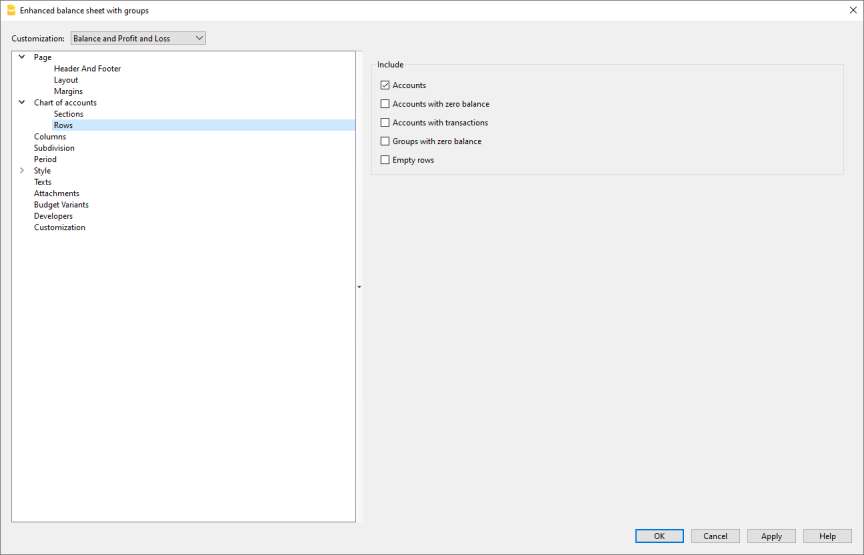 Formatierte Bilanz nach Gruppen - Zeilen