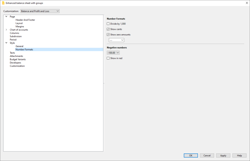 Formatierte Bilanz nach Gruppen, Zahlenformate