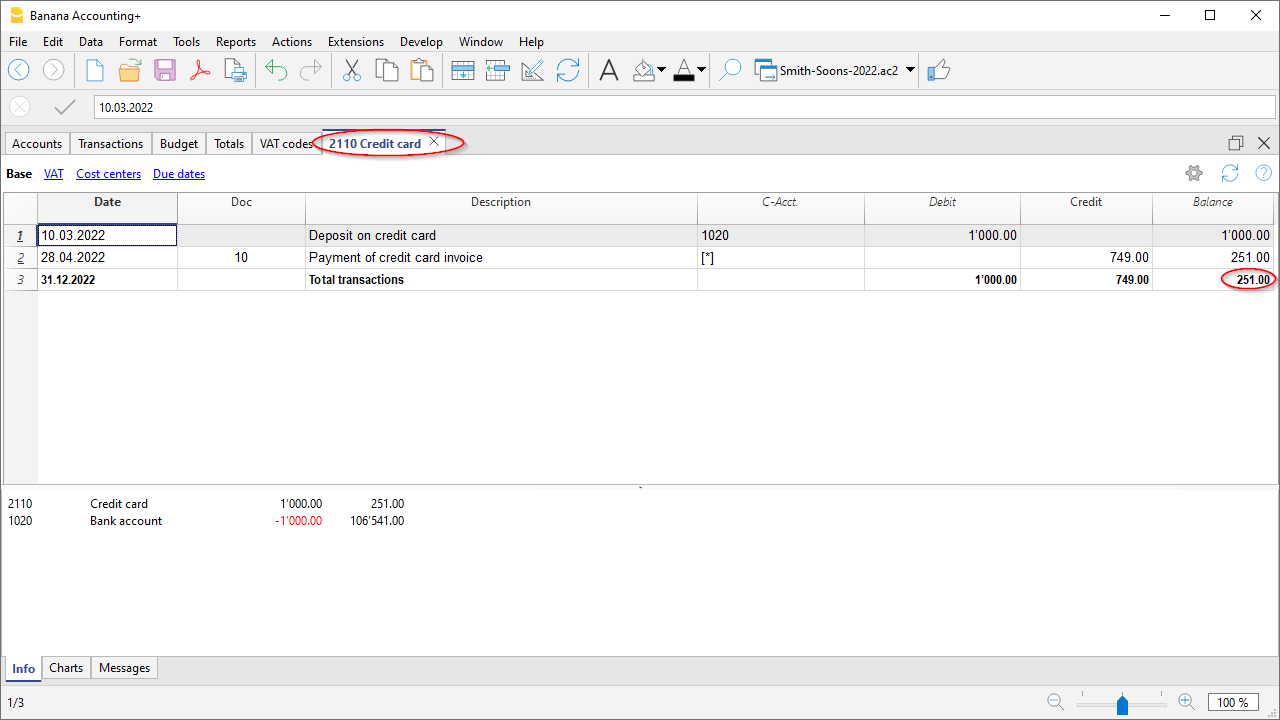 Account card for the credit card account