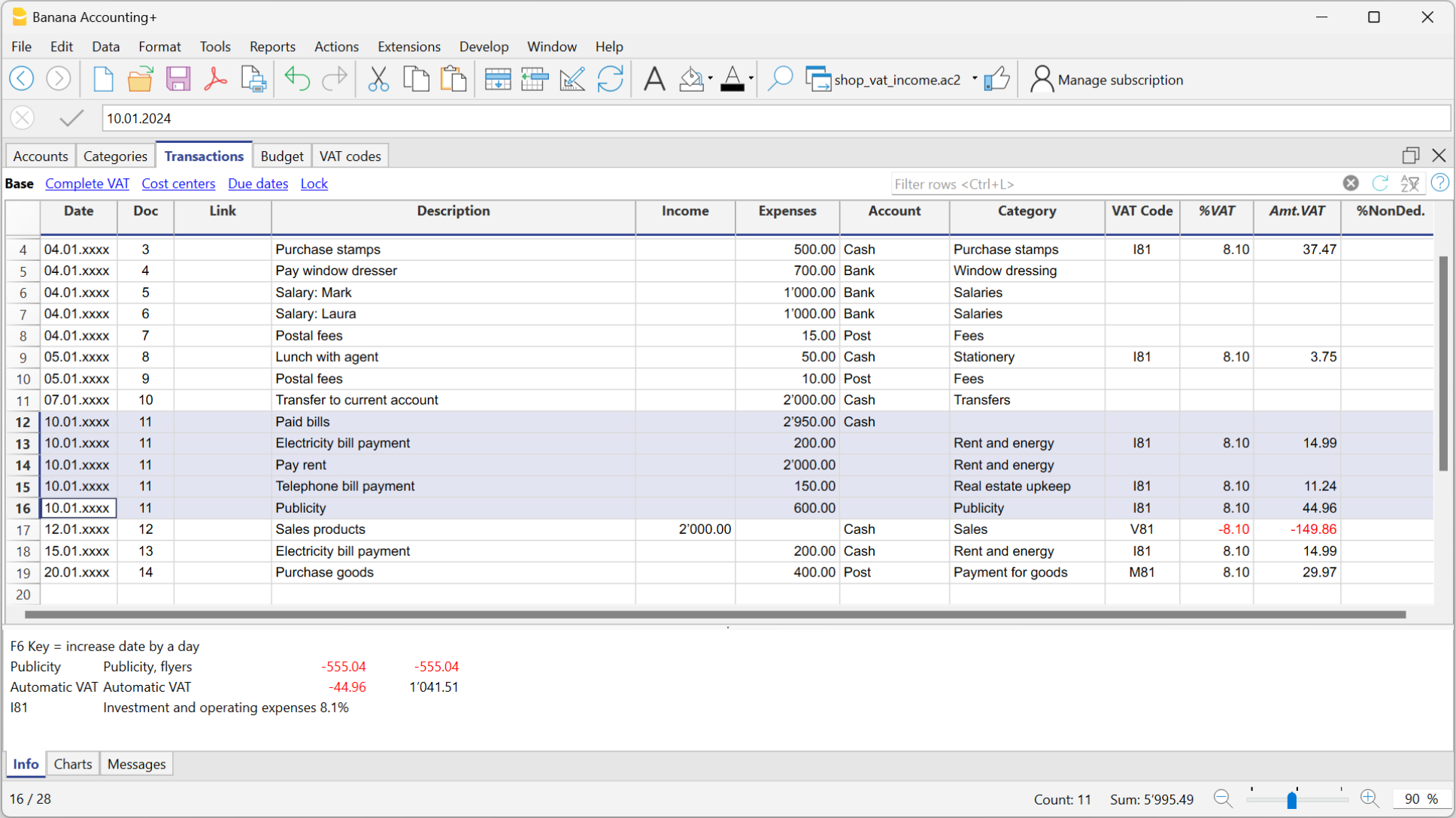 收益费用多行发生业务