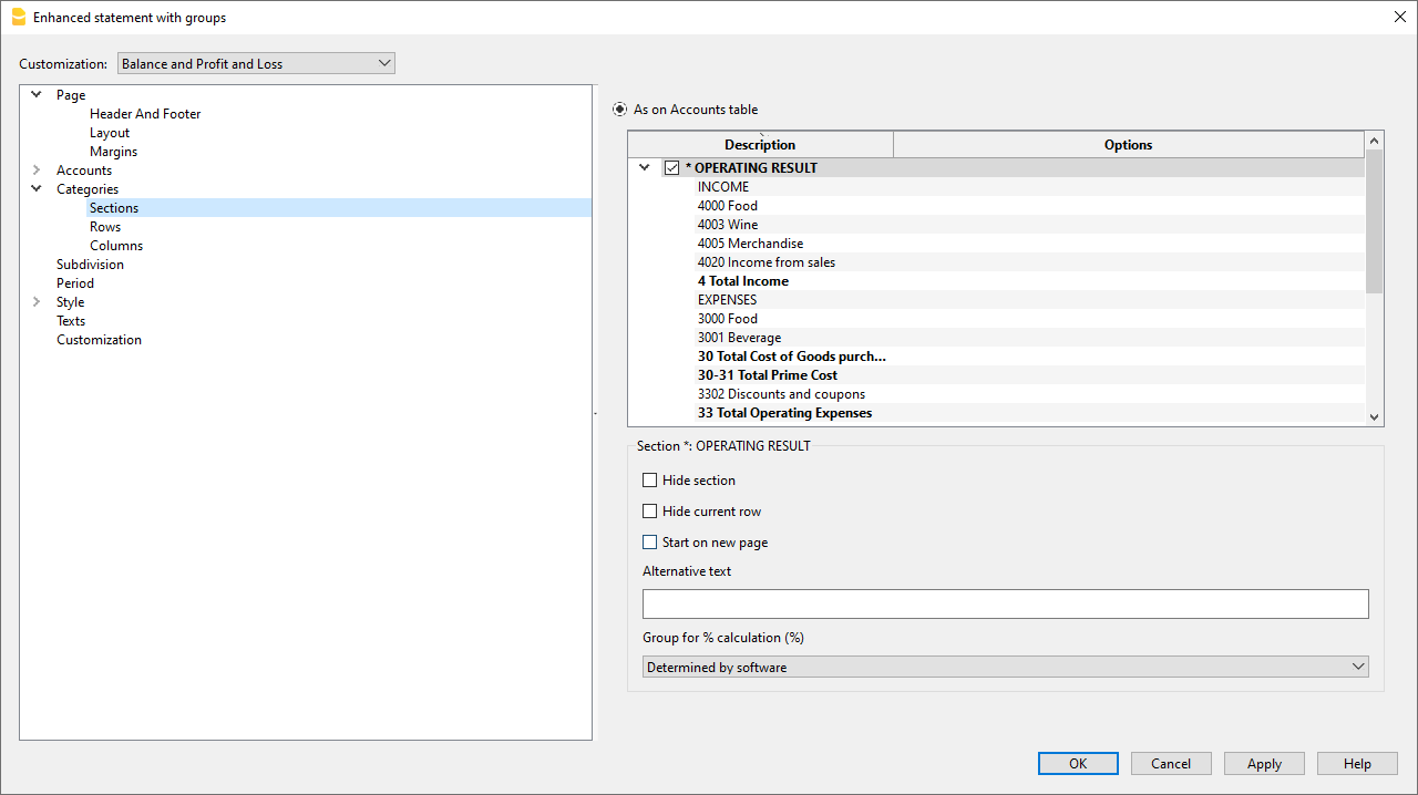 customize accounts and categories in the formatted report