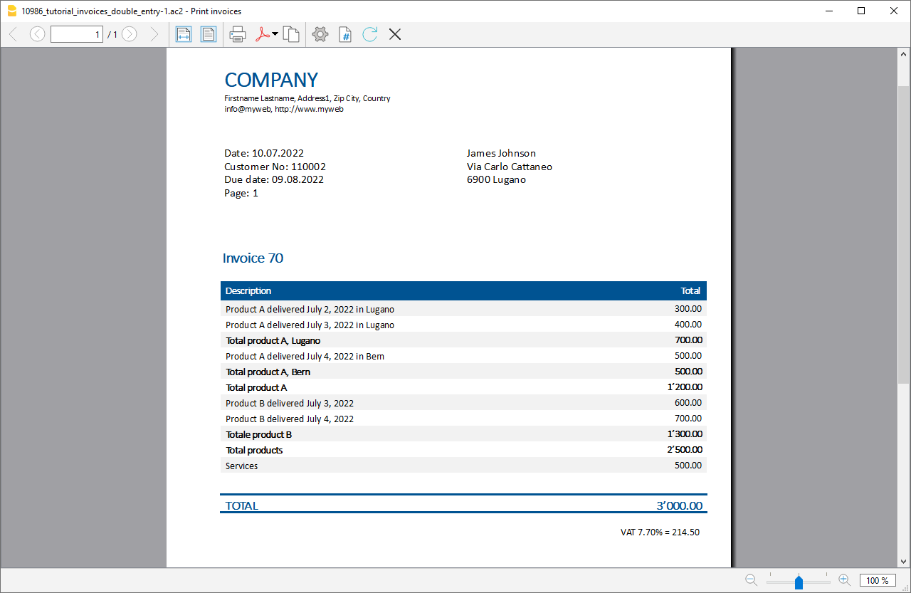 Print invoice with intermediate totals