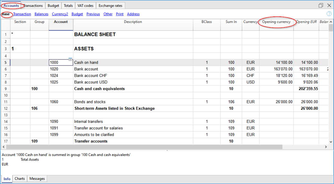 tabella conti, colonna Apertura