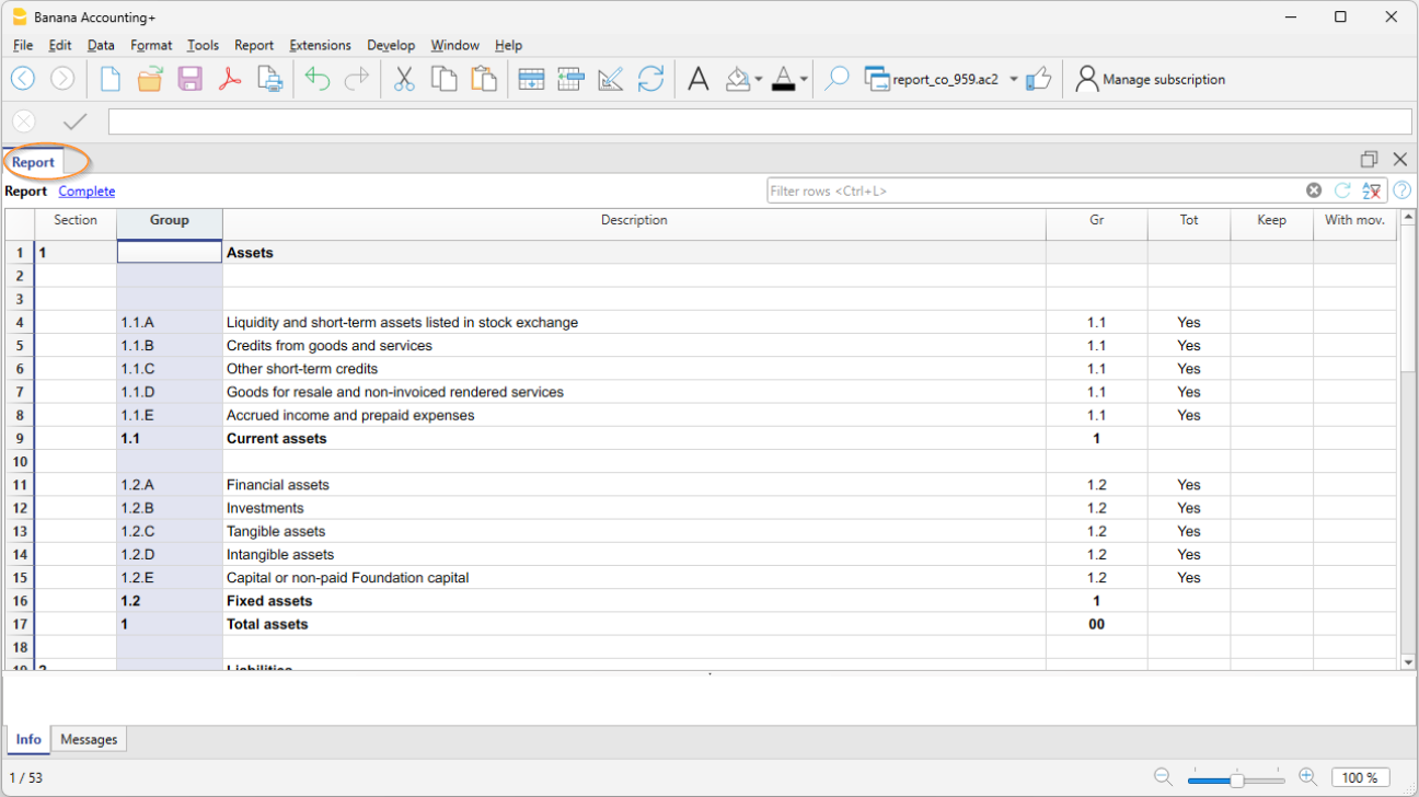 externer buchhaltungsbericht spalte gruppe