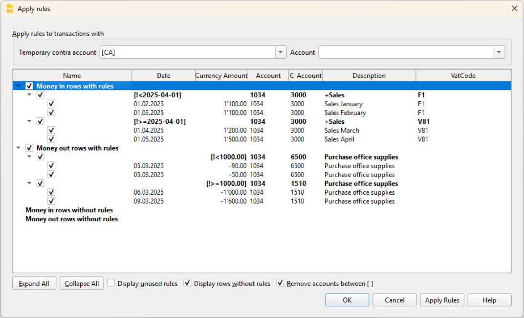 Rules on the Amount field in the Apply Rules dialog