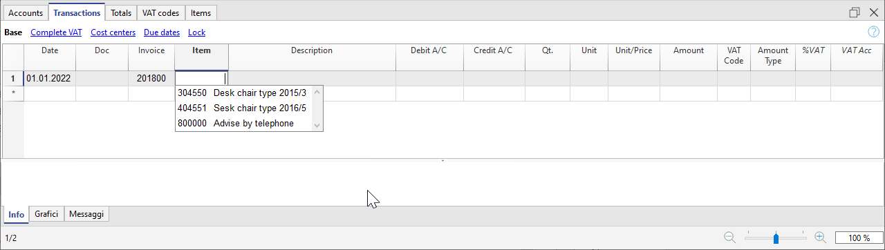 Artikelspalte in der Buchungstabelle