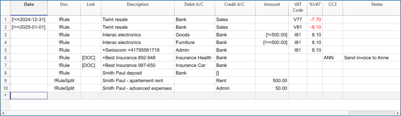 Auto-Vervollständigungsregeln in der Tabelle wiederholende Buchungen