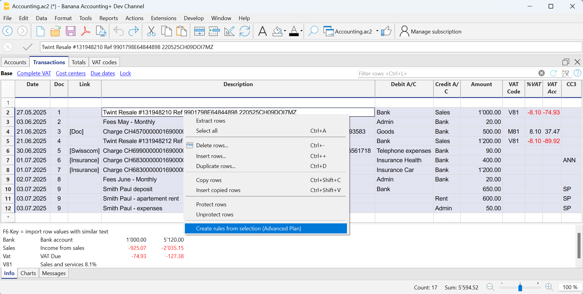 transactions with rules command