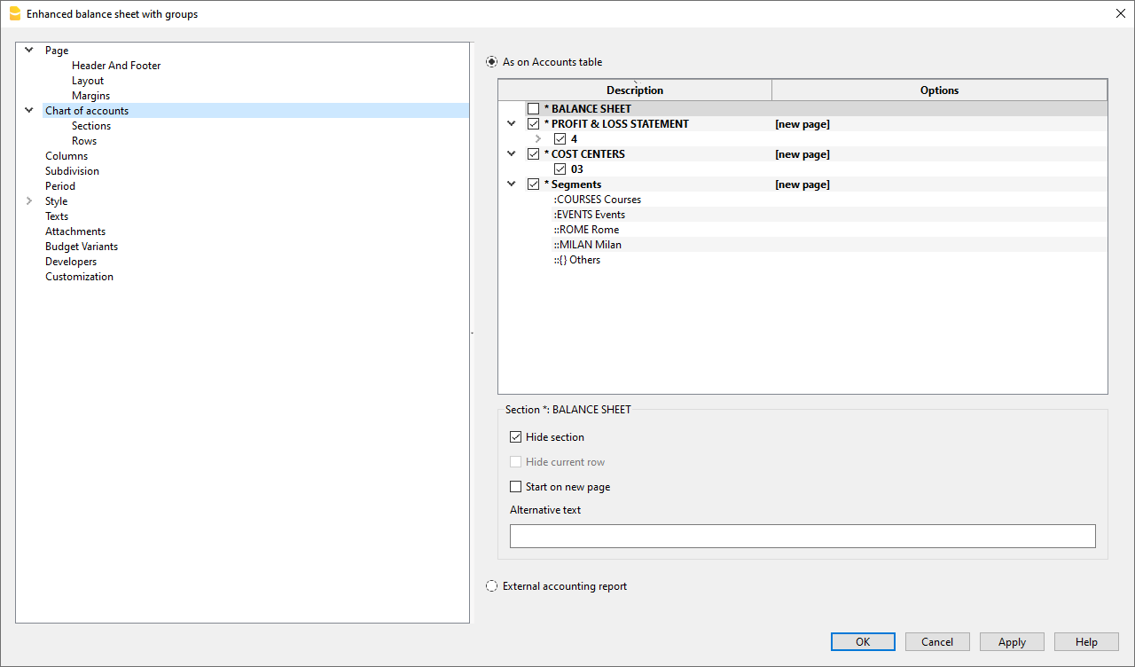 Dialog Erfolgsrechnung nach Segment