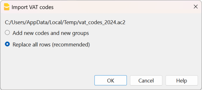 import vat codes 2024 dialog