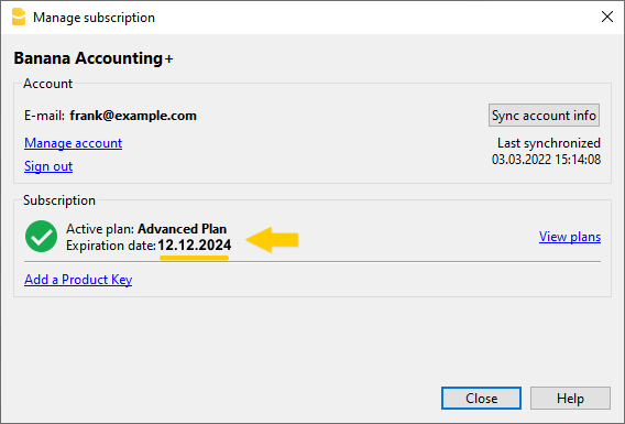 Voorbeeld venster na het verkrijgen van het Advanced plan
