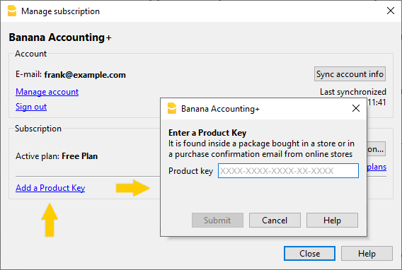Voorbeeld venster om te klikken op de link om de Product Key in te voeren
