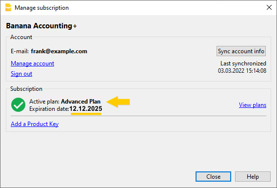 Voorbeeld venster na het verlengen of vernieuwen van het Advanced plan
