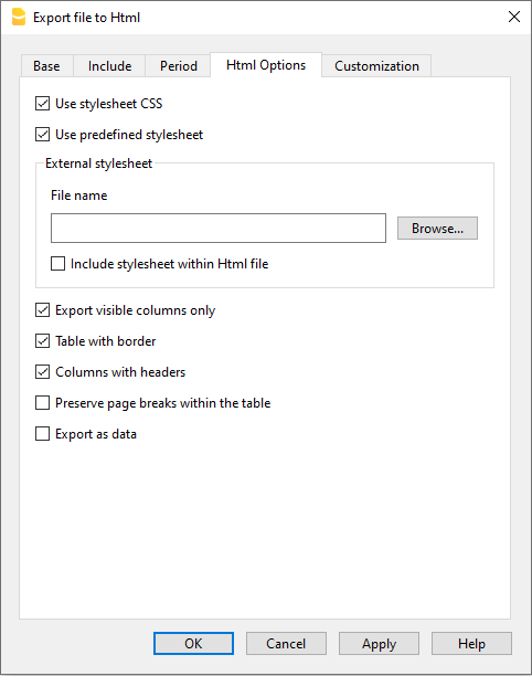 Datei in Html exportieren - Registerkarte Html-Optionen