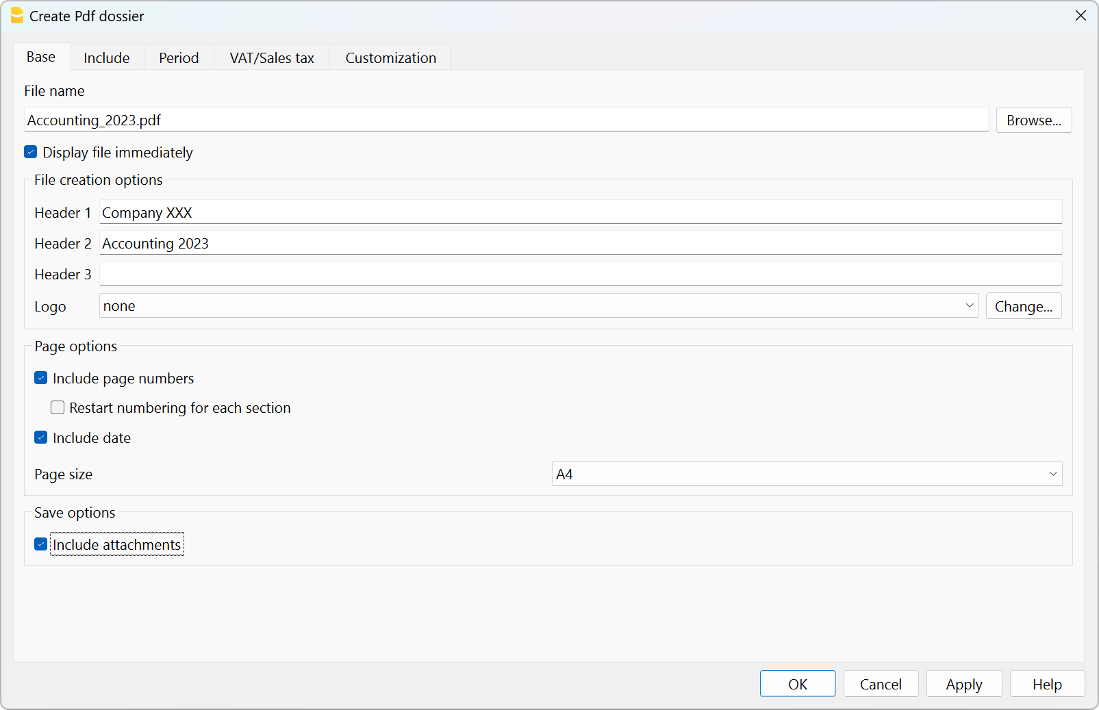 Registerkarte 'Einschliessen' - beim Exportieren von Dateien aus Banana in PDF einfügen