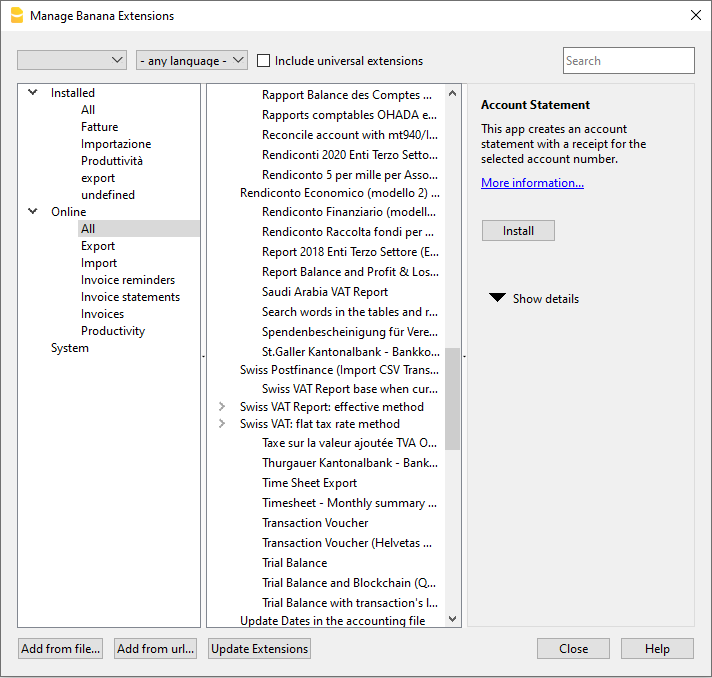 Banana-Erweiterungen verwalten