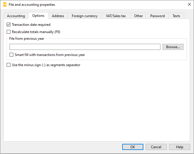 File and accounting properties - Options tab