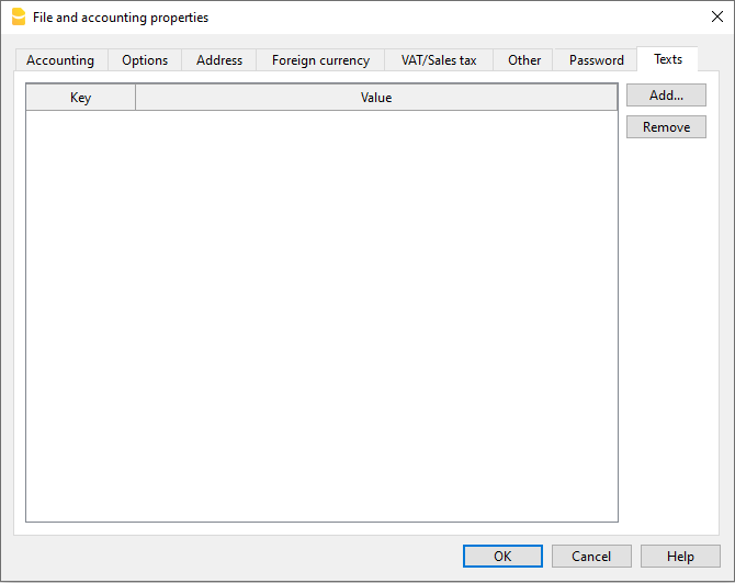 Dateieigenschaften, Registerkarte Texte