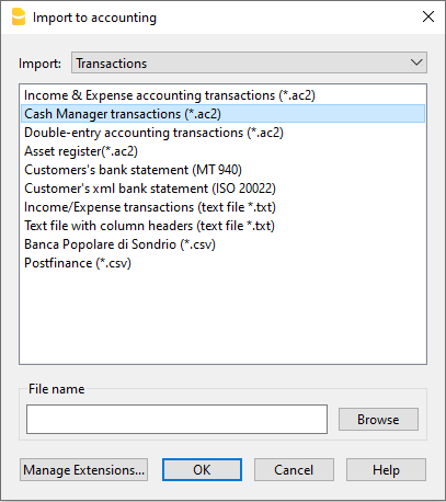 importa movimenti dal Cash Manager
