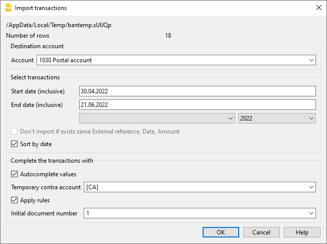 importa movimenti da estratto bancario