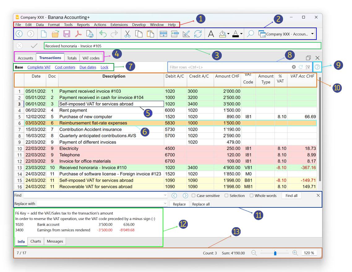 Die Benutzeroberfläche von Banana Buchhaltung Plus