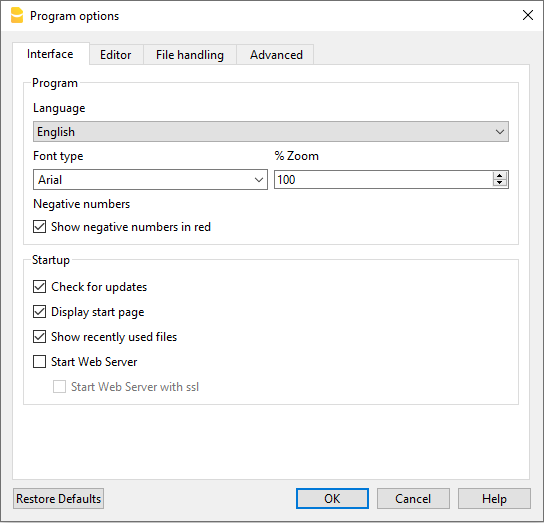 opzioni programma - interfaccia